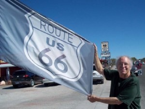 Michael Orelove on the way to Flagstaff, AZ with a US Route 66 flag.