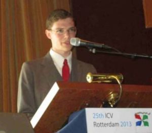 Portland Flag Association delegate Max Liberman presents a persuasive case for PFA's membership in the International Federation of Vexillological Associations (know by its French acronym, FIAV), at the 25th International Congress of Vexillology in Rotterdam. 
