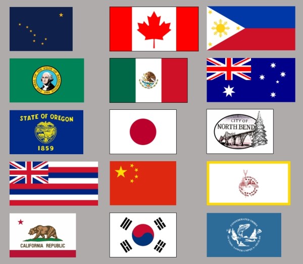 Flags to be included in Coos Bay's boardwalk display.  Missing: City of Coos Bay and Tall Ship Port of Oregon flags.  Images from Wikimedia Commons and FOTW.