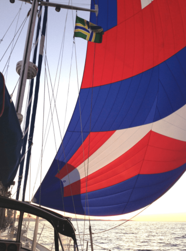 Portland’s mayor, Charlie Hales, reports to us: “We flew the Portland flag all summer on the s/v Elizabeth, in Puget Sound and Canada’s Gulf Islands. Lots of comments and questions. This image is from our return voyage, nearing the mouth of the Strait of Juan De Fuca.”