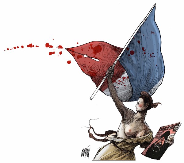 Liberty Leading the Press Freedom Pen, by Angel Boligan, in El Universal, Mexico City, January 11, 2015.