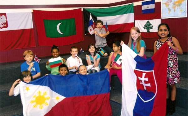 Students at Troutdale Elementary School with Michael’s flags.