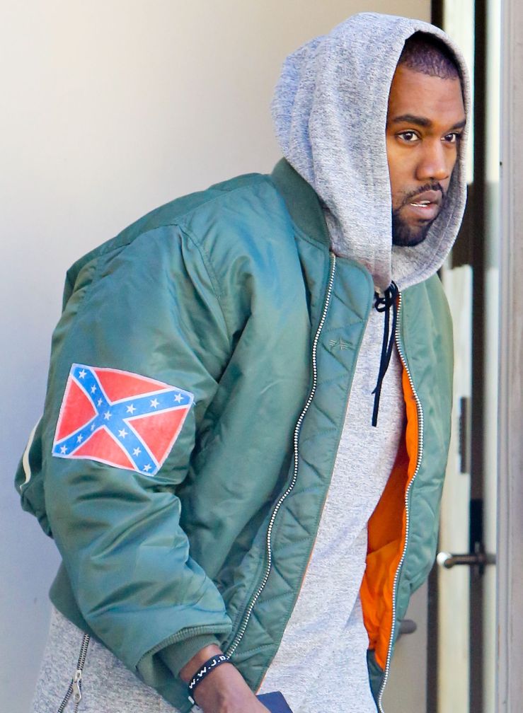 An oft-republished image of Kanye West wearing the Confederate flag on his sleeve.