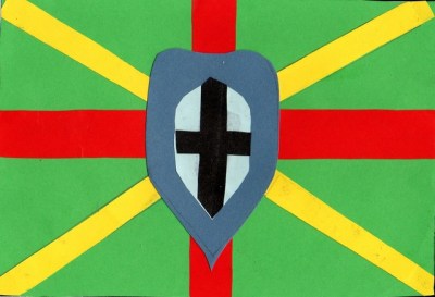 "Our flag has a shield and a sword in the middle to represent the Knight's Templar which is connected to our area. Red stripes are to represent apples that grow in the local orchards. Yellow stripes are to represent the county reaching out to people. A green background represents the fields of our farming community. Our flag is based on the union flag because we are part of Britain." (Link to entry.)