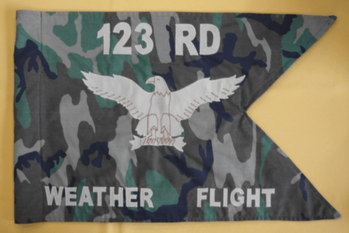A camouflage flag... what’s the point?  At least the word has “flag” in it! The guidon of the 123rd Weather Flight, Oregon Air National Guard. 
