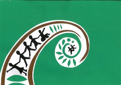 Ferndown Middle School: "During the flag initiative project all classes were involved in sharing ideas and coming up with a design which incorporated their views about Ferndown. The School Council led the project, liaising with their tutor groups and bringing ideas together to produce a final design. Although this was a whole school contribution about 15 pupils work together to produce the final product, We chose a green background to represent nature and the green spaces where we are free to play and enjoy the fresh air. We have shaped the main design like a fern leaf and chose white and brown to show that Ferndown is clean and surrounded by woodlands. The School Council decided that people were the most important part of our community and we chose to include different people to reflect diversity. The hands are linked to show that we all work together." (Link to entry.)