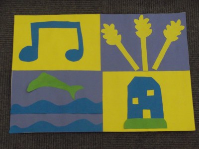 "Gordon Primary School: The flag was designed and made by pupils: Abbie, Emily, Bartek and Patricia. The colours chosen were blue for the sea and rivers in our area. The yellow was for the crops farmers grow and green for our green fields." (Link to entry.)