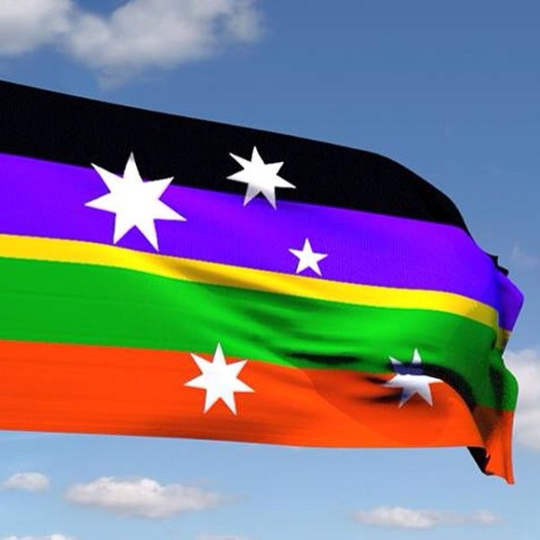 here is the 4 bars straight version of #ulurusky #bluesky max, without arcs #ausflag #design #greenandgold #blackandblue #purple actually #goldline #southerncross #artsparra #vexillology.  Post by @mpathesii.