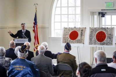 "Rex Ziak addresses the crowd during the OBON 2015 Returning Ceremony." Photo by Joshua Bessex of The Daily Astorian.