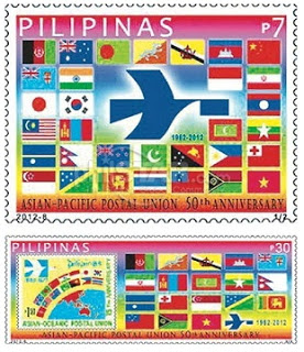 Commemorative stamp for the 50th anniversary of the Asia-Pacific Postal Union, issued by the Philippines in 2012.  From Chakrabarti's most recent posting.