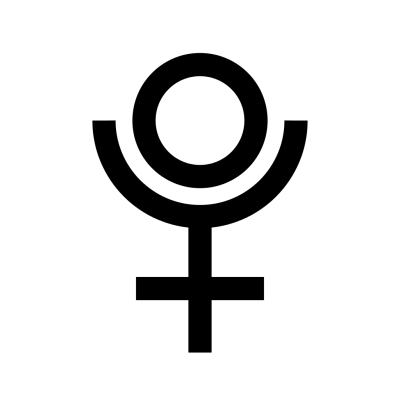 The astrological symbol for Pluto: the symbol for Mercury, with arc and circle exchanged.  It can be interpreted as 