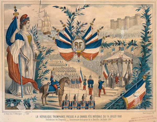 Establishment of National Day Before the building of the Republican majority in the 1879 elections, the royalist MacMahon, discouraged, resigned from the presidency of the Republic and is replaced by a moderate Republican old Jules Grevy (1807-1891). Now all orders of power, the Republicans take symbolic measures simultaneously transfer of the seat of government to Versailles (1871) in Paris (1879), amnesty for convicts of the Commune (10 July 1880), adoption of the Marseillaise as the national anthem (1879) and of 14 July national holiday (July 6, 1880). This first national festival aims to measure the event, in Paris and in the provinces but to enhance domestic local views as in Angers, Maine-et-Loire department Catholic and conservative. [1] Voting for the "Republic" brought together supporters of freedom and secularism who want to establish without delay equality through universal suffrage and genuine popular sovereignty. However France 1880 is neither unanimous nor peaceful, and the new rulers do not openly display their doctrine: time is not propaganda, but the Republican opportunism. Throughout the festive program adopts the same ritual: concerts in the gardens, decoration of some places, illuminations, fireworks and indigent relief distributions. In Paris must dominate the distribution of new flags to the army, at Longchamp. Author: Marie-Luce Albiges