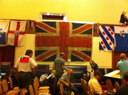One of the many highlights of the ZFC, a British Union Jack from the Battle of Trafalgar, the only one known to survive.  (Smaller flags to the side represent vexillological associations represented at the congress.) Photo by Scott Mainwaring.