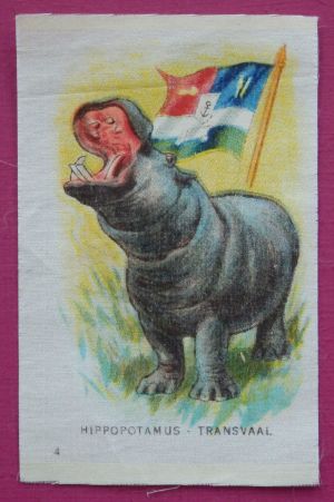 A hippo bellows with a flag of Transvaal planted in its back. 
