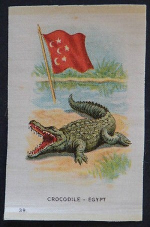 Behind a ferocious crocodile, a huge Egyptian flag has been planted in the middle of a pond.