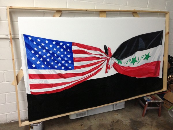 America/Iraq knotted, 2013. Colored pencils on paper, tar.