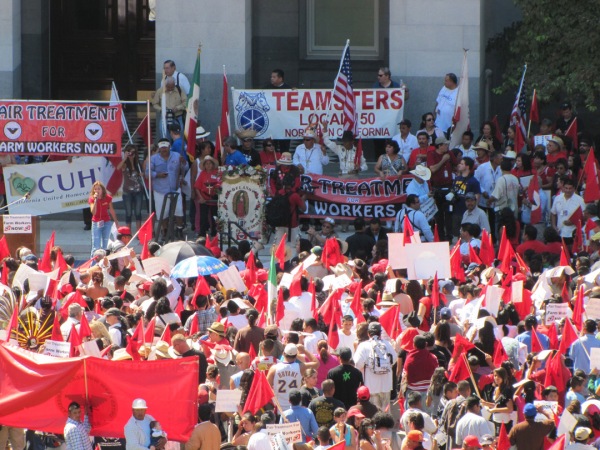 The Labor Day rally at the California Capitol in 2011, concluding a UFW march to demand changes to union election and overtime laws.  Photo by Duane Campbell.