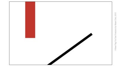 Wasel (Woz) Choi in September proposed a highly abstracted map as a flag: the black line is Market Street, the orange rectangle the Golden Gate Bridge. White, 