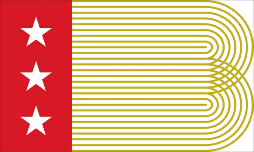 Robert Finkel's design juxtaposes three white stars (symbolizing "Finance, Medicine, and the Arts") on a red bar at the hoist with "concentric gold lines" on a white field spanning filling the rest of the flag that "mimic steel rails" and form the letter B.