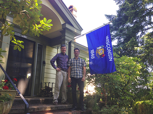 Ted Kaye, Steve Kodis, and the flag of Wisconsin at Kaye's house in Portland, June 2015.